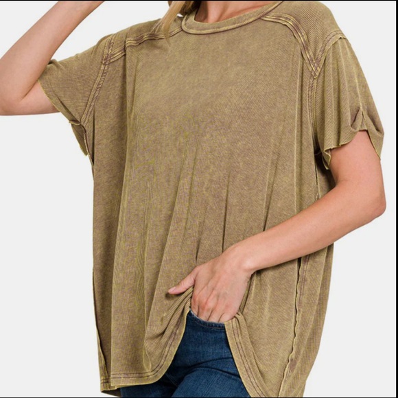 Zenana acid Washed Ribbed Short Sleeve Top Medium  Distressed New Boutique - Picture 10 of 12